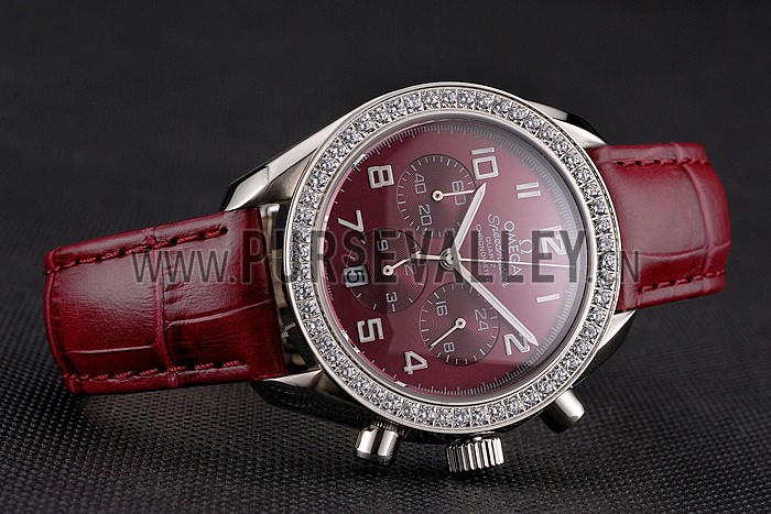 Omega Speedmaster Burgundy Dial Stainless Steel Case Diamond Bezel Burgundy Leather Strap