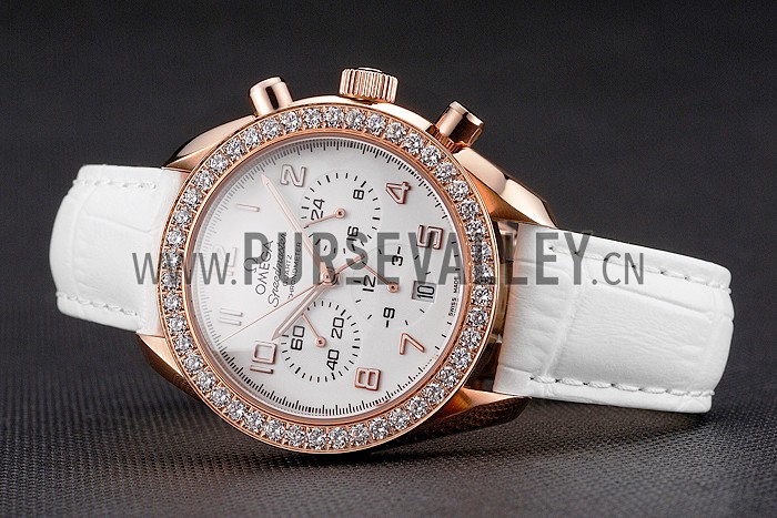 Omega Speedmaster White Dial Rose Gold Case Diamond Bezel White Leather Strap