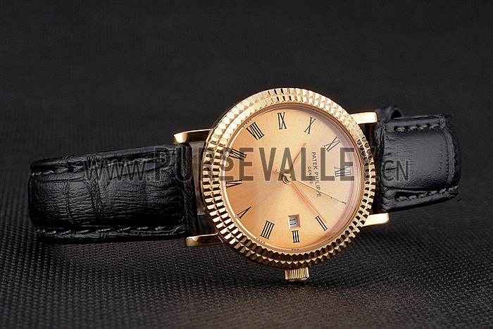 Patek Philippe Calatrava Gold Dial Roman Numerals Double Ribbed Bezel Gold Case Black Leather Strap