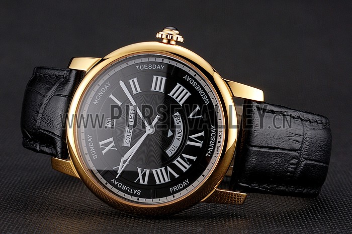 Swiss Cartier Rotonde Annual Calendar Black Dial Gold Case Black Leather Strap