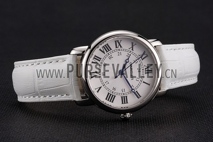 Cartier Ronde White Dial Stainless Steel Case White Leather Strap