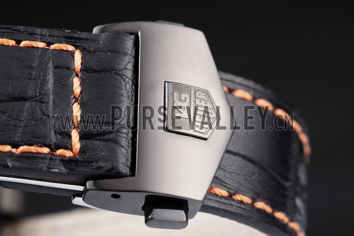 Tag Heuer Swiss Monaco Black Leather Strap Blue-Yellow Striped Black Dial