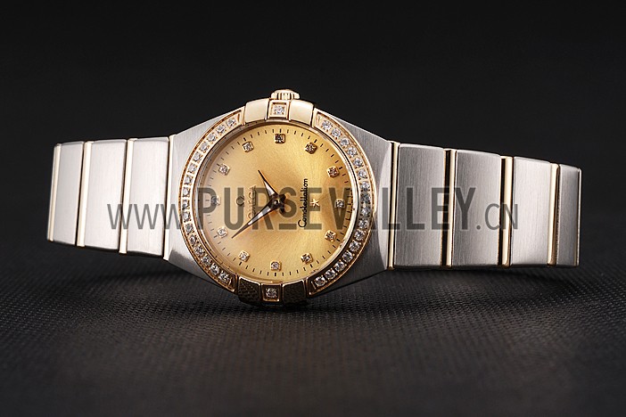 Swiss Lady Omega Constellation Crystal Encrusted Bezel Golden Dial 80293