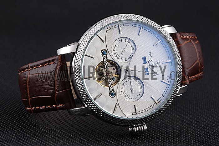 Patek Philippe Day Date Tourbillon White Dial Stainless Steel Case Embossed Bezel Brown Leather Strap 622837