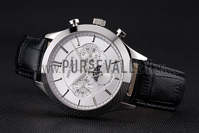 Patek Philippe Moonphase Chronograph White Dial Stainless Steel Case Black Leather Strap 622841