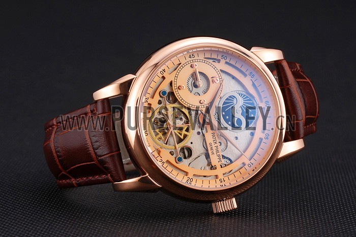 Patek Philippe Dual Time Moonphase Tourbillon Gold Skeletonised Dial Rose Gold Case Brown Leather Strap