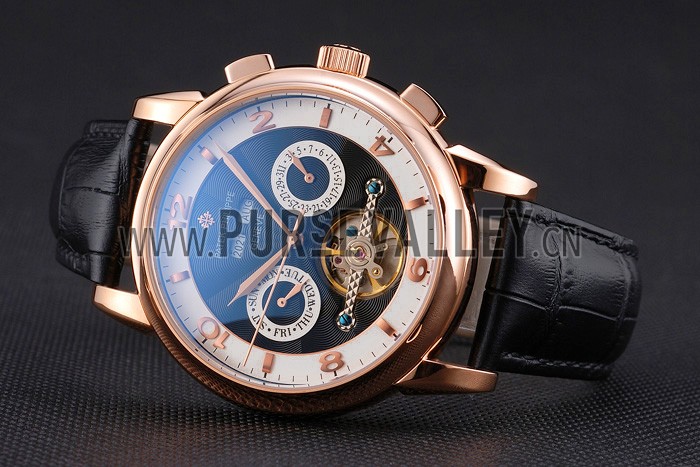 Patek Philippe Perpetual Calendar Tourbillon Black And White Dial Rose Gold Case Black Leather Strap