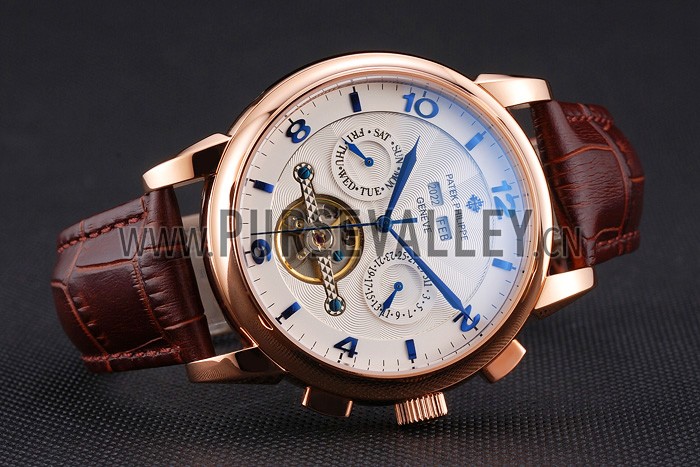 Patek Philippe Perpetual Calendar Tourbillon White Dial Rose Gold Case Brown Leather Strap