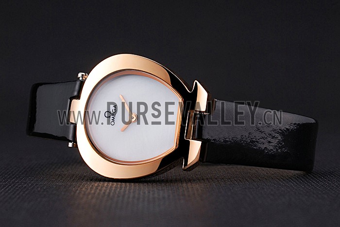 Omega Ladies Watch White Dial Gold Case Black Leather Strap 622820