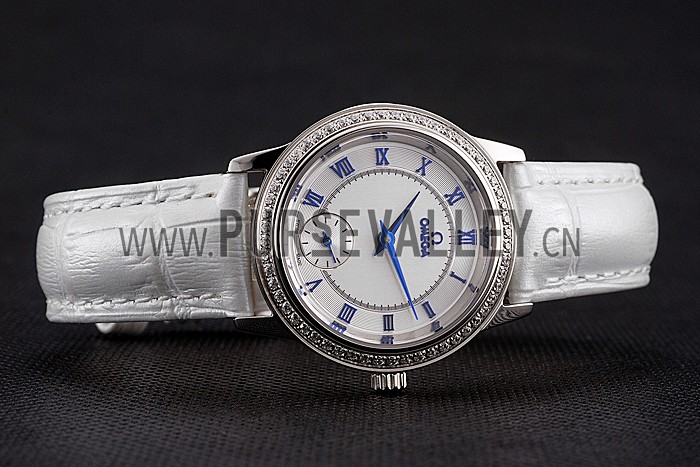 Omega De Ville Prestige Small Seconds White Dial Diamond Bezel Stainless Steel Case White Leather Strap