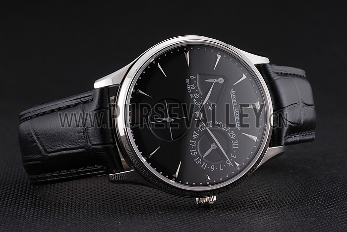 Swiss Jaeger LeCoultre Master Ultra Thin Reserve De Marche Black Dial Stainless Steel Case Black Leather Strap