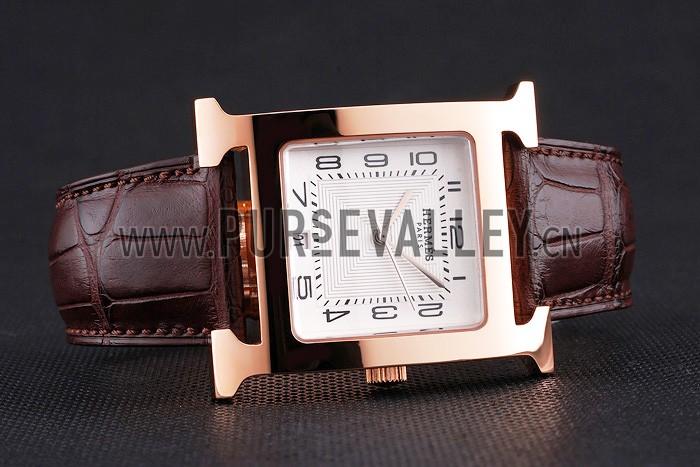 Hermes Heure H White Dial Gold Case Brown Leather Strap