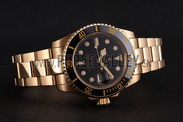 Swiss Rolex Submariner Black Dial Black Bezel Yellow Gold Case And Bracelet