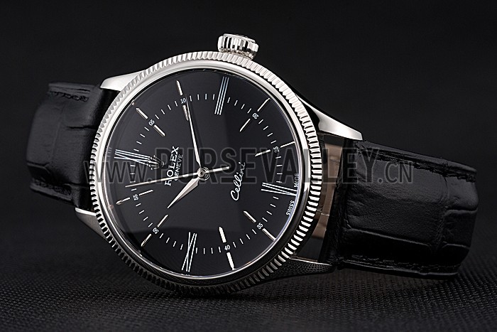 Swiss Rolex Cellini Time Silver Case Black Dial Black Leather Bracelet 622654