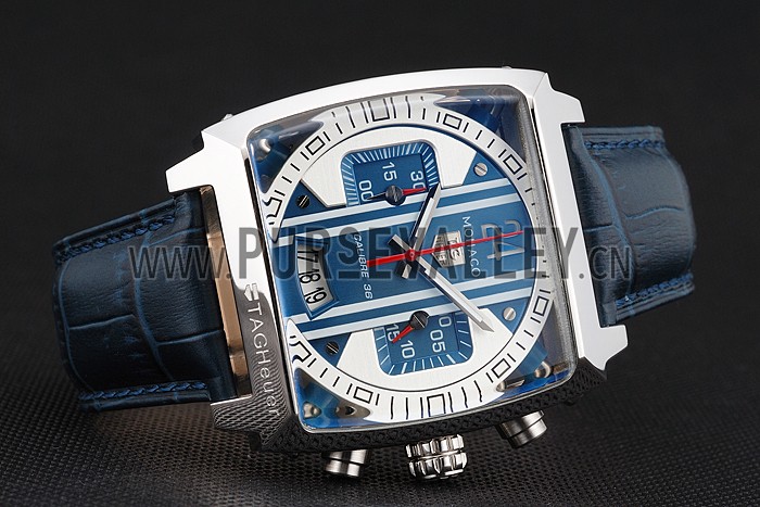 Tag Heuer Monaco 24 Calibre 36 Chronograph Blue And Grey Stripes Dial Blue Leather Strap 622273