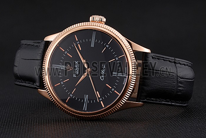 Swiss Rolex Cellini Time Rose Gold Case Black Dial Black Leather Bracelet 622656