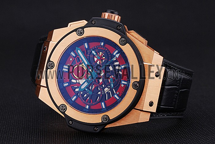 Swiss Hublot Big Bang Limited Edition Black And Red Dial Gold Case Black Leather Strap 62289