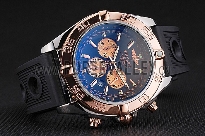Breitling Chronomat Black Dial Rose Gold Bezel And Subdials Stainless Steel Case Black Rubber Strap
