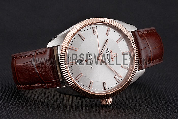 Omega Globemaster Silver Dial Rose Gold Bezel Stainless Steel Case Brown Leather Strap