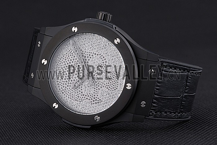 Hublot Classic Fusion Diamond Skull Dial Black Steel Case Black Leather Strap 622815
