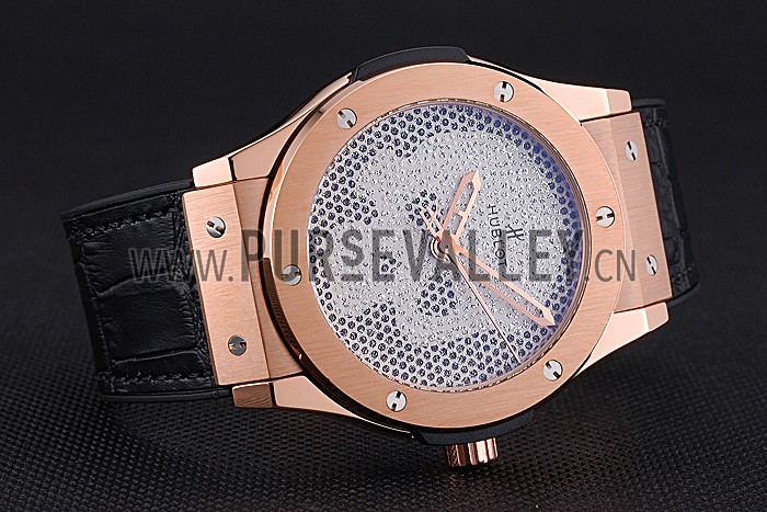 Hublot Classic Fusion Diamond Skull Dial Gold Case Black Leather Strap 622816