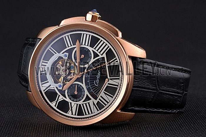 Cartier Calibre Tourbillon Black Dial Gold Case Black Leather Strap 622754