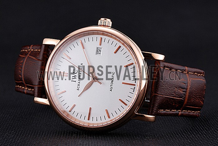 Swiss IWC Portofino Gold Case White Dial Brown Leather Bracelet 622668