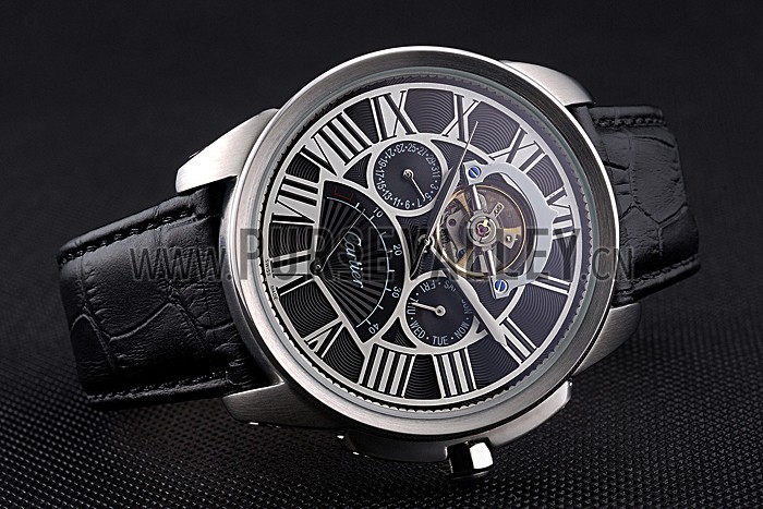 Cartier Calibre Tourbillon Black Dial Stainless Steel Case Black Leather Strap 622752