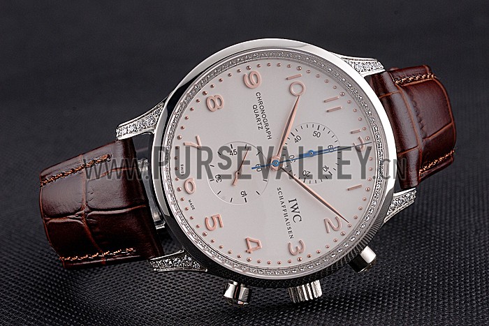 IWC Portugieser Chronograph White Dial Rose Gold Hands And Numerals Steel Case With Diamonds Brown Leather Strap