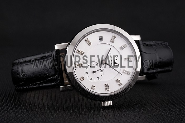 Swiss Piaget Altiplano Date Automatic White Dial Diamond Markers Stainless Steel Case Black Leather Strap