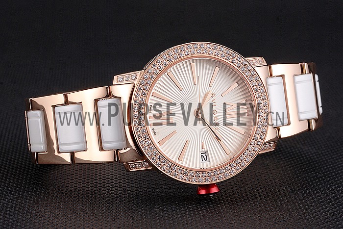 Bvlgari Bvlgari White Guilloche Dial Roman Numerals Gold Case Diamond Bezel Two Tone Bracelet