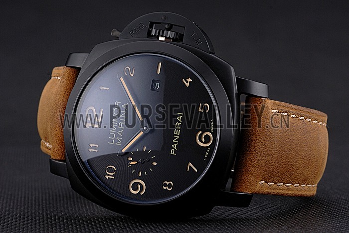 Panerai Luminor Marina 1950 Black Dial Matte Black Steel Case Brown Suede Leather Strap