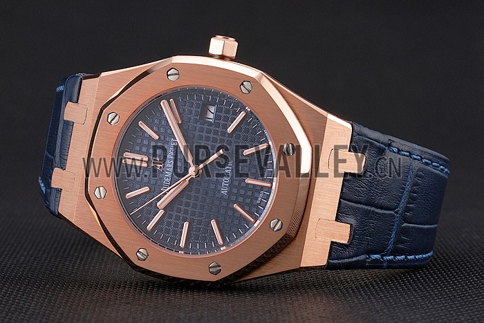 Swiss Audemars Piguet Royal Oak Blue Dial Gold Case Blue Leather Strap