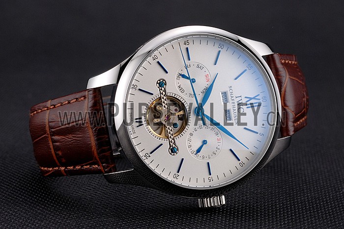 IWC Portofino Tourbillon White Dial Blue Markings Stainless Steel Case Brown Leather Strap