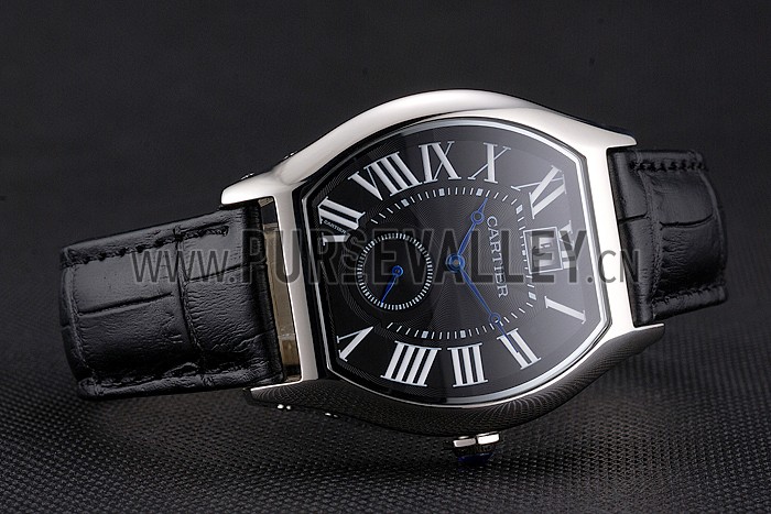 Cartier Tortue Large Date Black Dial Stainless Steel Case Black Leather Strap