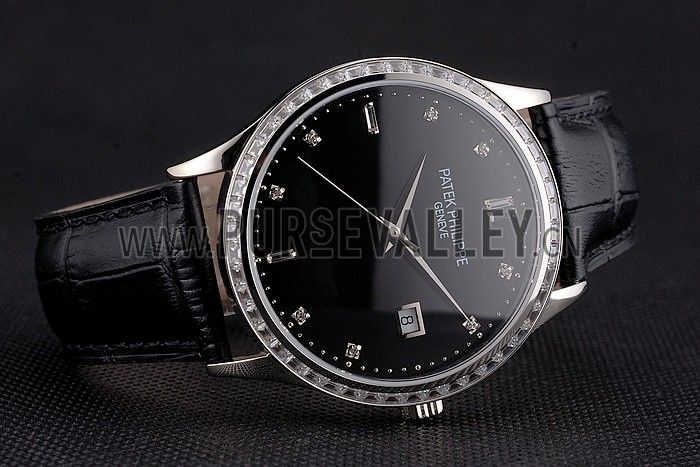 Swiss Patek Philippe Calatrava Black Dial Diamond Bezel Stainless Steel Case Black Leather Strap