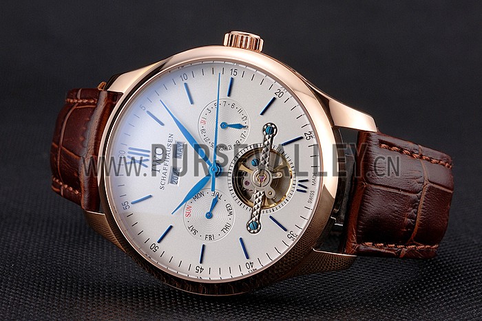 IWC Portofino Tourbillon White Dial Blue Markings Rose Gold Case Brown Leather Strap