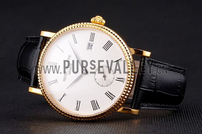 Swiss Patek Philippe Calatrava White Dial Gold Case Fluted Bezel Black Leather Strap