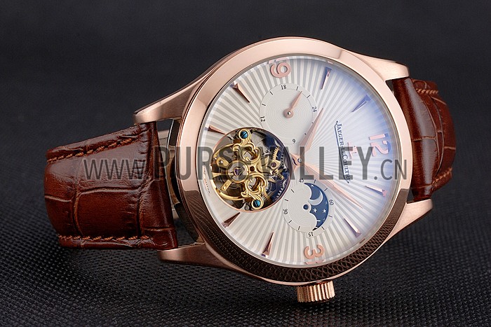 Jaeger LeCoultre Master Moonphase Tourbillon White Dial Rose Gold Case Brown Leather Strap