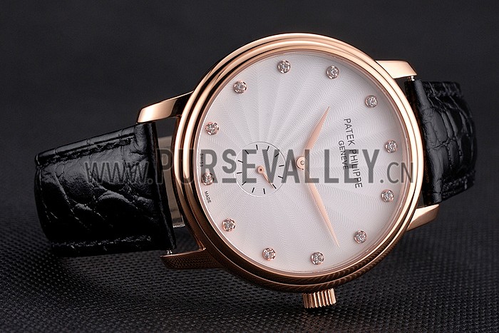 Patek Philippe Calatrava White Guilloche Dial Rose Gold Case Black Leather Strap
