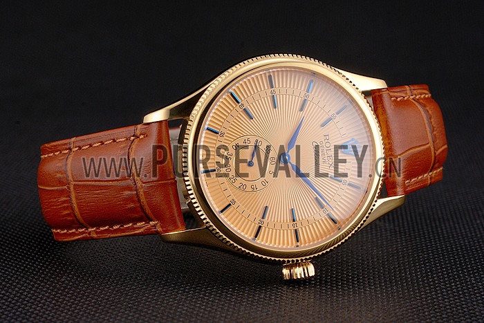 Swiss Rolex Cellini Gold Dial Blue Markings Gold Case Light Brown Leather Strap