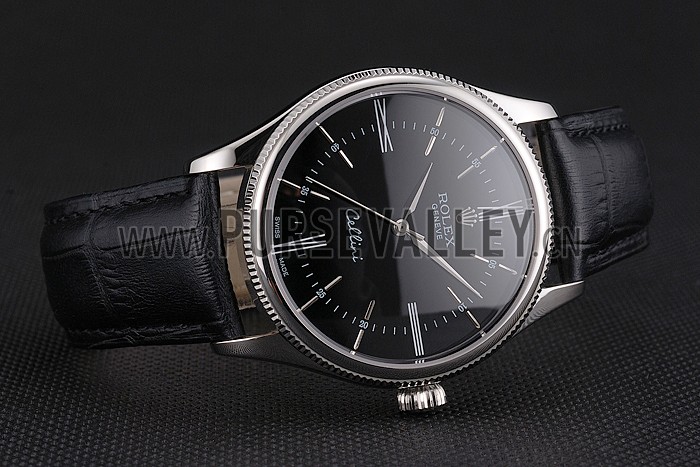 Swiss Rolex Cellini Black Dial Roman Numerals Stainless Steel Case Black Leather Strap