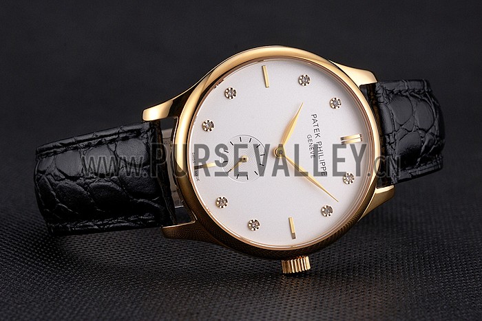 Patek Philippe Calatrava White Dial Diamond Markings Gold Case Black Leather Strap