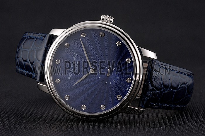 Patek Philippe Calatrava Blue Guilloche Dial Stainless Steel Case Blue Leather Strap