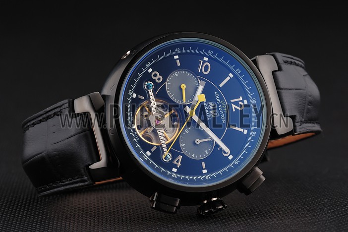 Louis Vuitton Tambour LV277 Tourbillon Black Dial Black PVD Case Black Leather Strap