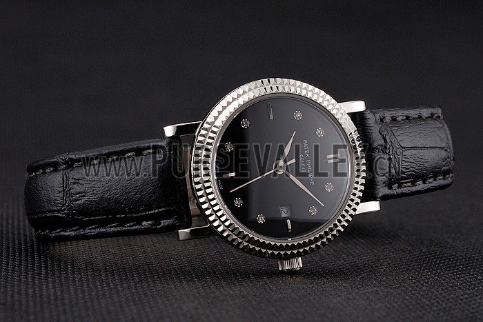 Patek Philippe Calatrava Black Dial Diamond Hour Marks Double Ribbed Bezel Stainless Steel Case Black Leather Strap