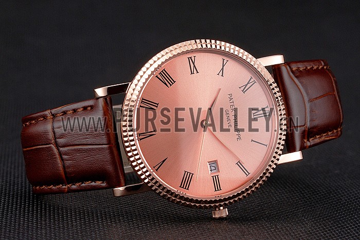 Patek Philippe Calatrava Rose Gold Dial Roman Numerals Ribbed Bezel Rose Gold Case Brown Leather Strap