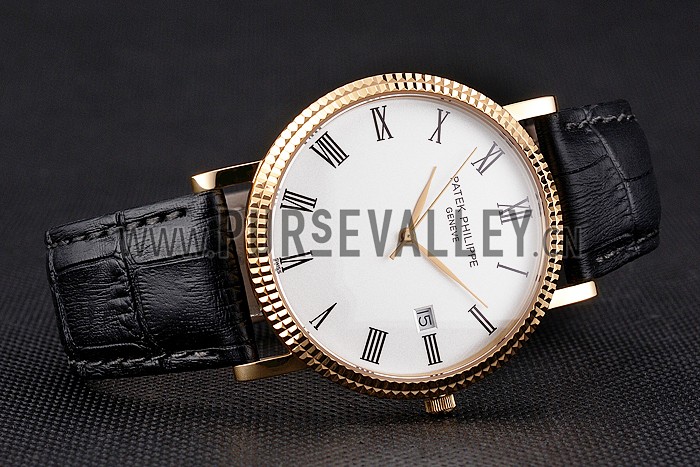 Patek Philippe Calatrava White Dial Roman Numerals Ribbed Bezel Gold Case Black Leather Strap