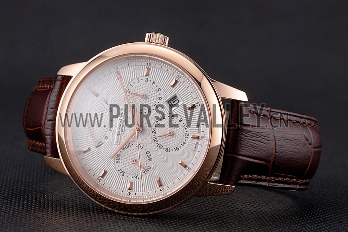Swiss Vacheron Constantin Traditionnelle Power Reserve White Dial Rose Gold Case Brown Leather Strap
