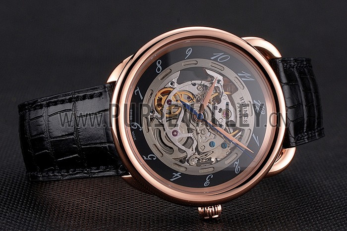 Swiss Hermes Arceau Skeleton Black Dial Brown Hands Rose Gold Case Black Leather Strap